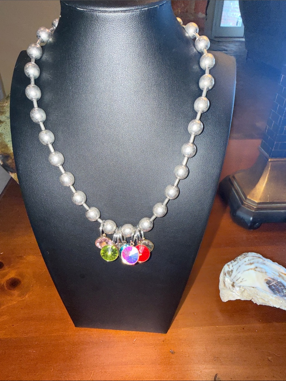 Silver Bead Necklace with Multicolor Crystal Charms